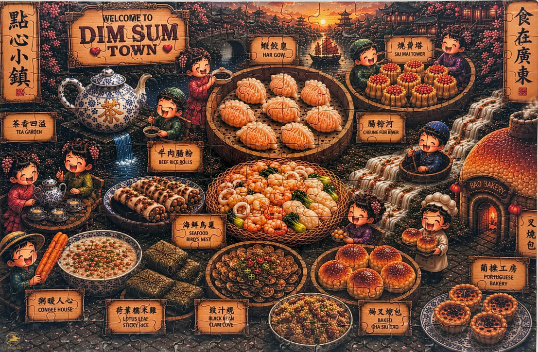 Culture Hop Dim Sum Town 150-piece puzzle in white packaging featuring an illustrated Chinese dim sum food scene
