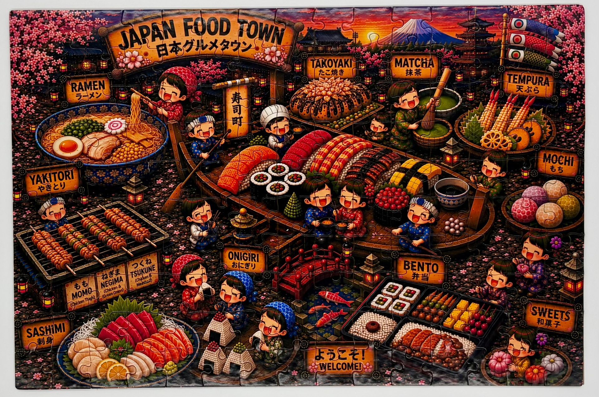 Culture Hop Japan Food Town 150-piece puzzle in white packaging featuring an illustrated Japanese food market scene