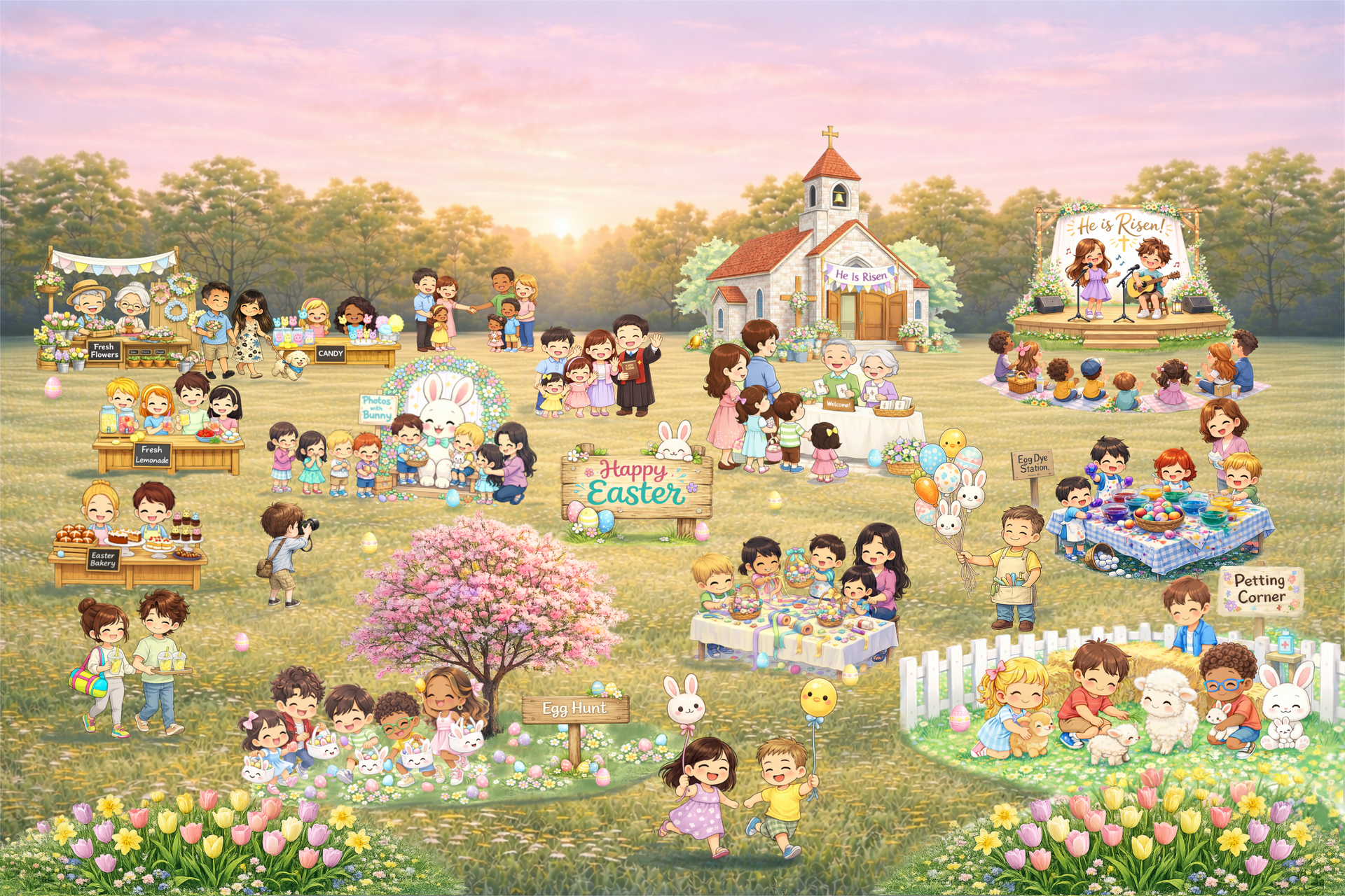 Easter Celebration puzzle artwork featuring children at a spring festival with egg hunt, church, and family activities
