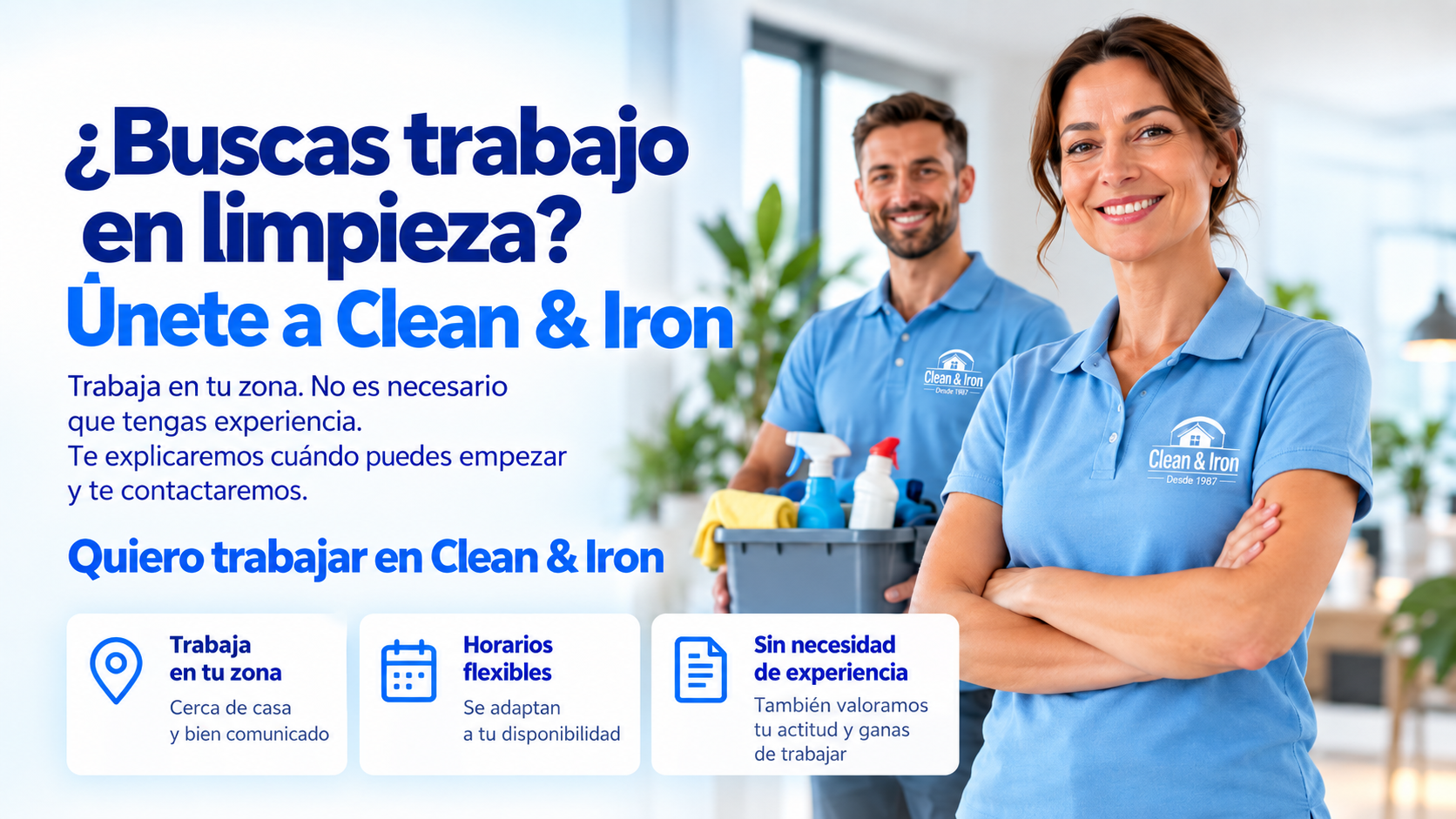 Anuncio azul de empleo para limpieza con dos trabajadores de Clean & Iron sonriendo y texto en español.