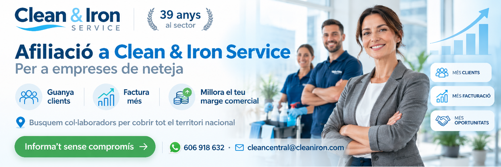 Clean & Iron laundry service ad with smiling staff, blue-white branding, and washing icons