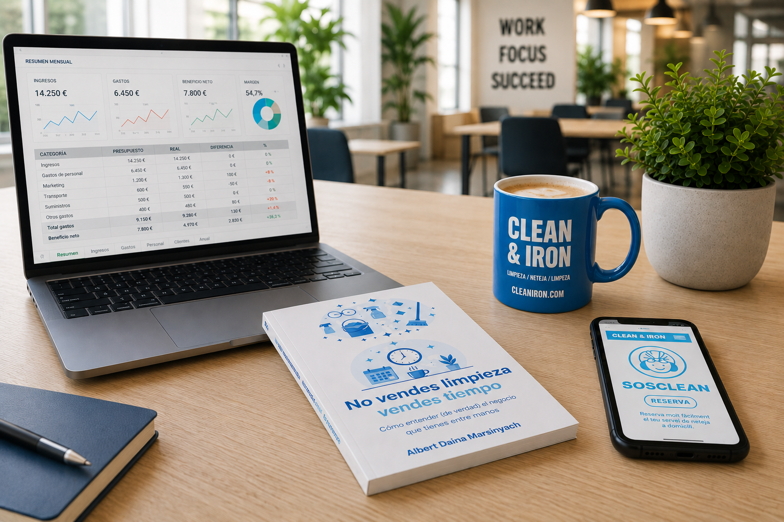 Tu no vens neteja, tu vens temps als teus clients. Workspace with laptop, notebook, phone, and blue mug beside a “Work Focus Succeed” sign.