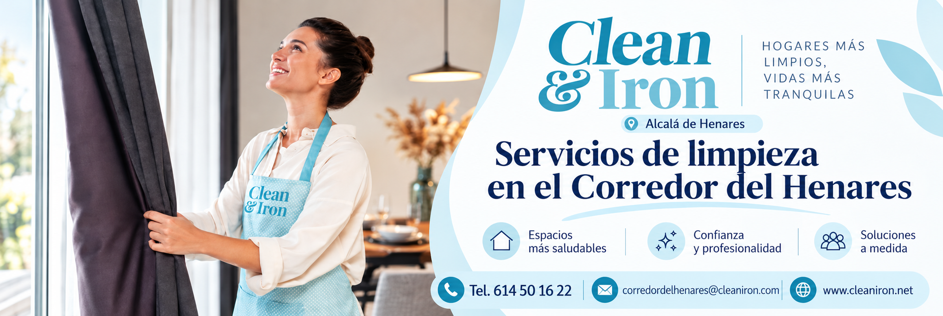 Clean & Iron laundry ad with two uniformed staff holding folded clothes on a blue background.