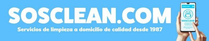 Logotipo de SOSCLEAN.COM sobre fondo azul, con una mano sosteniendo un teléfono con la aplicación de limpieza.