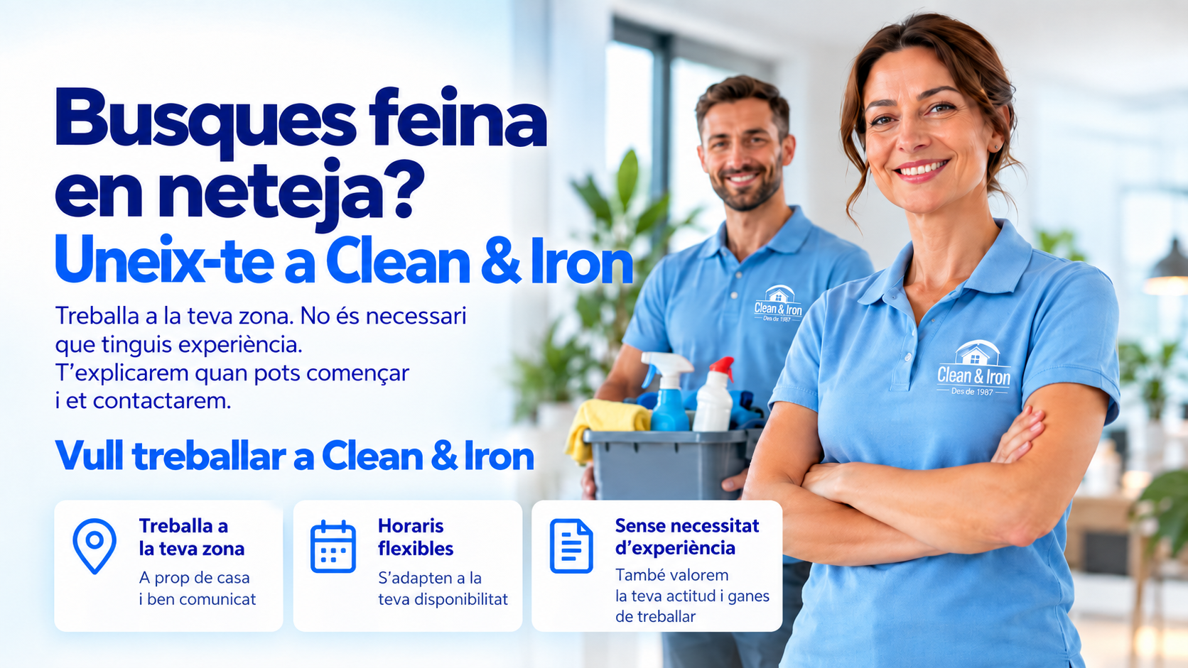 Bàner promocional de Clean & Iron amb dues persones de la neteja somrients, amb uniformes blaus i productes de neteja.