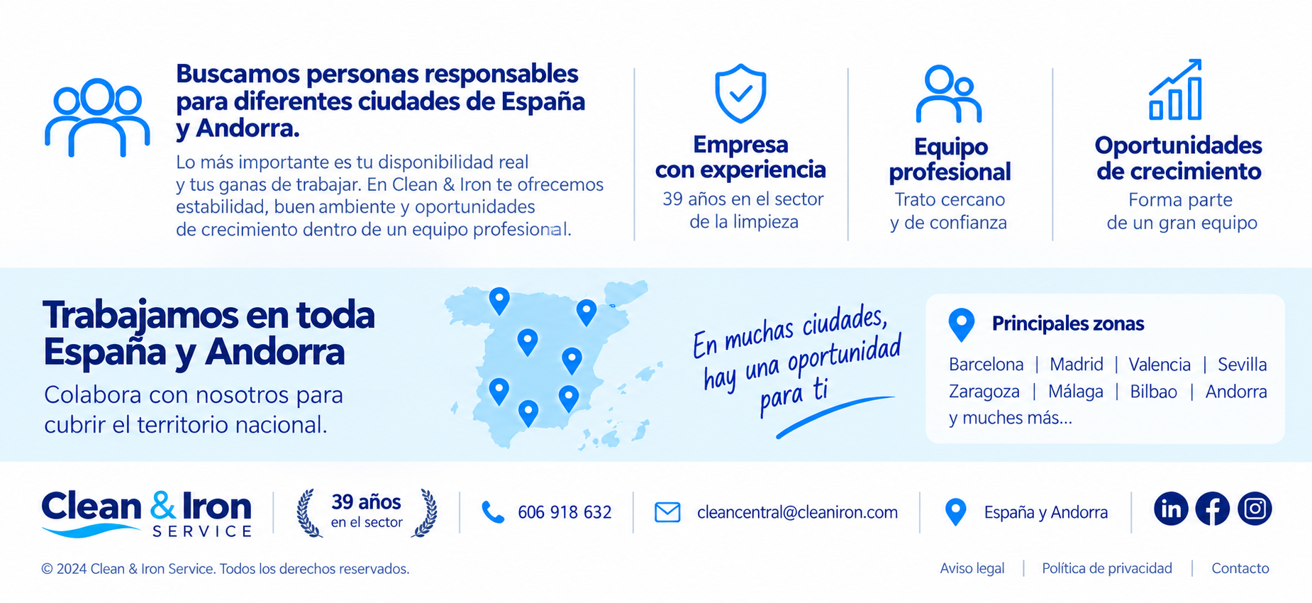 Banner azul y blanco de Clean & Iron con servicios de limpieza, iconos corporativos y mapa de España y Andorra