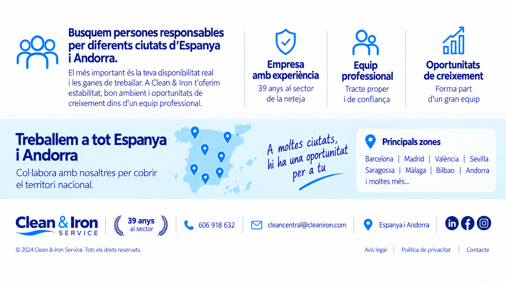 Pàgina d’inici del lloc web Clean & Iron en espanyol, amb icones i encapçalaments blaus sobre feines de neteja a Andorra