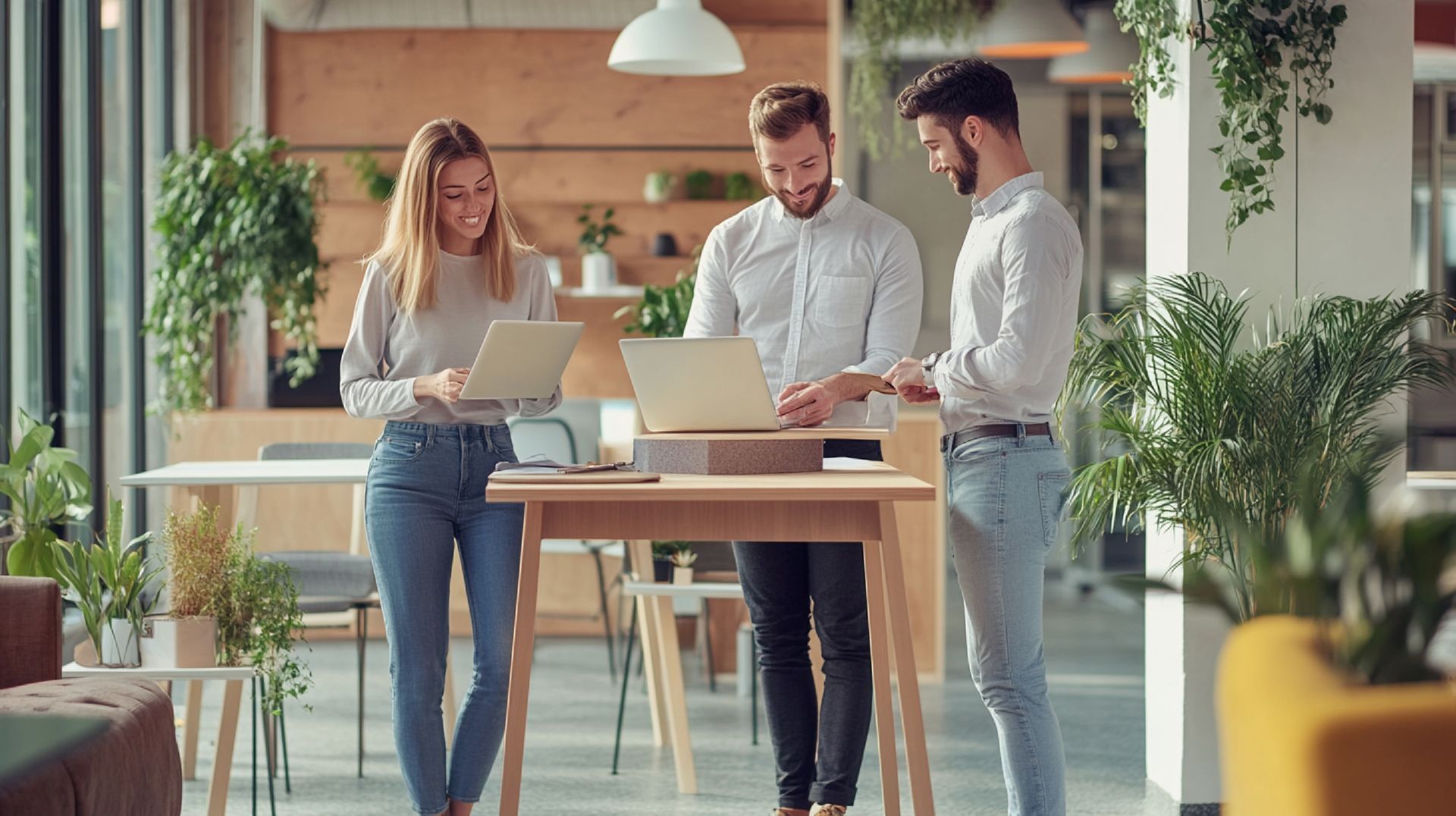 Tres personas, dos de ellas usando computadoras portátiles, alrededor de un escritorio en una oficina luminosa y llena de plantas.