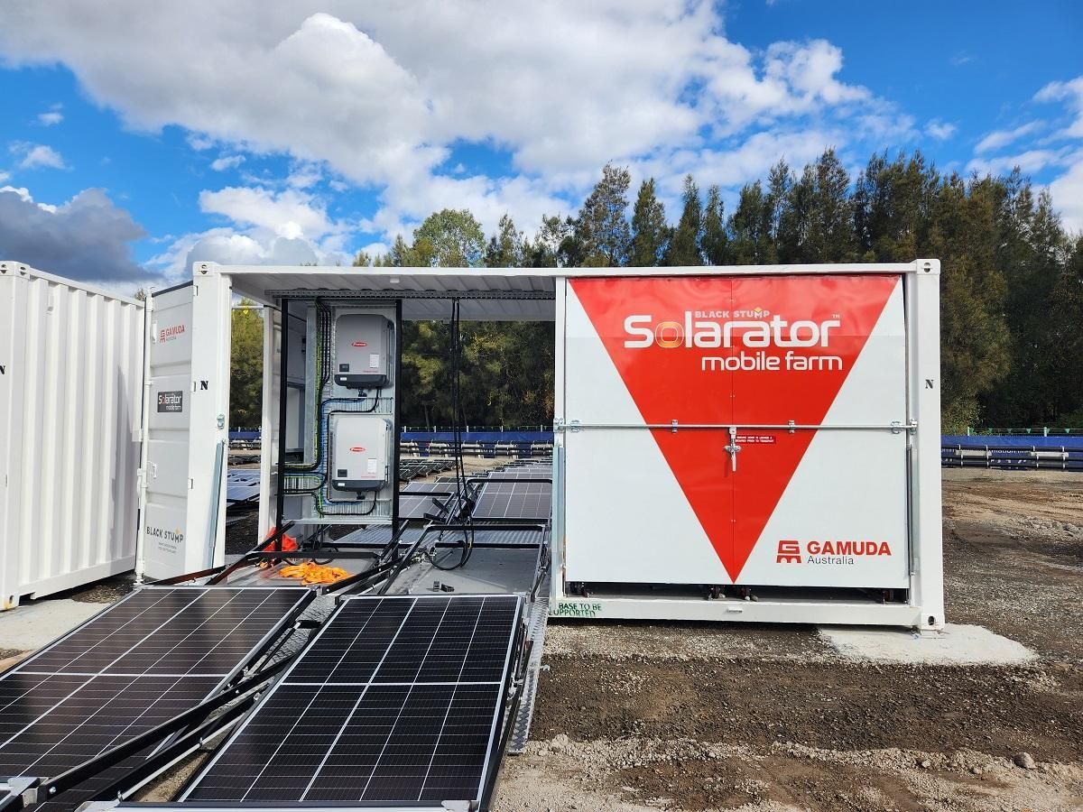 Mobile solar farm in a white container, with solar panels and 