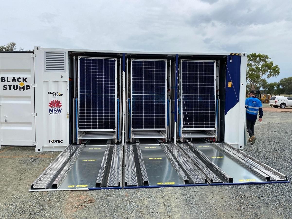 Solar panels in a container labeled 