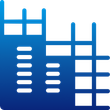 Blue construction foundation icon, building framework with vertical and horizontal supports.