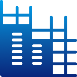 Blue construction foundation icon, building framework with vertical and horizontal supports.