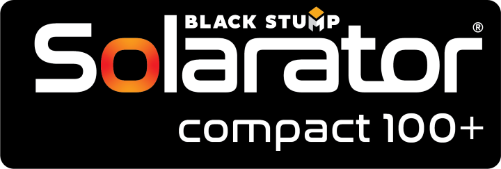 Black Stumps Solarator compact 100+ logo in white on black background, with an orange 