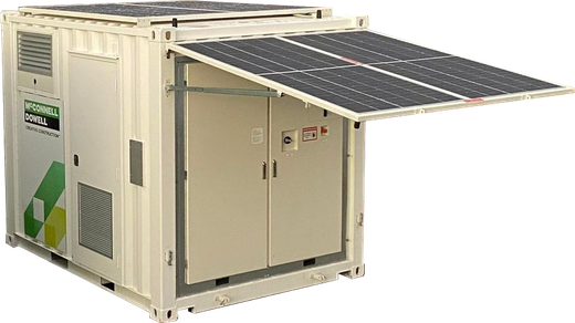 Solar-powered generator unit, with hinged solar panels open, on a container. Cream and black.