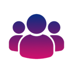 Group of three figures, a gradient of pink to blue.
