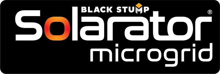 Logo for Solarator microgrid by Black Stump. White text on black rectangle. Orange glow in the 