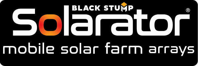 Logo for Solarator, a mobile solar farm arrays company. White text on a black background. 