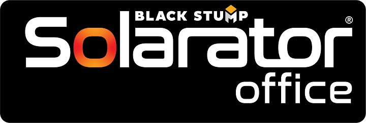 Logo for Solarator Office, white text on black background, with an orange 