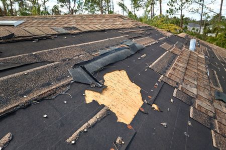 Damaged shingle roof with torn underlayment and exposed plywood section