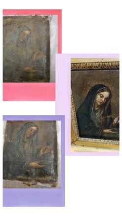 Tre dipinti incorniciati raffiguranti una figura velata, con cornici rosa, viola e dorate.