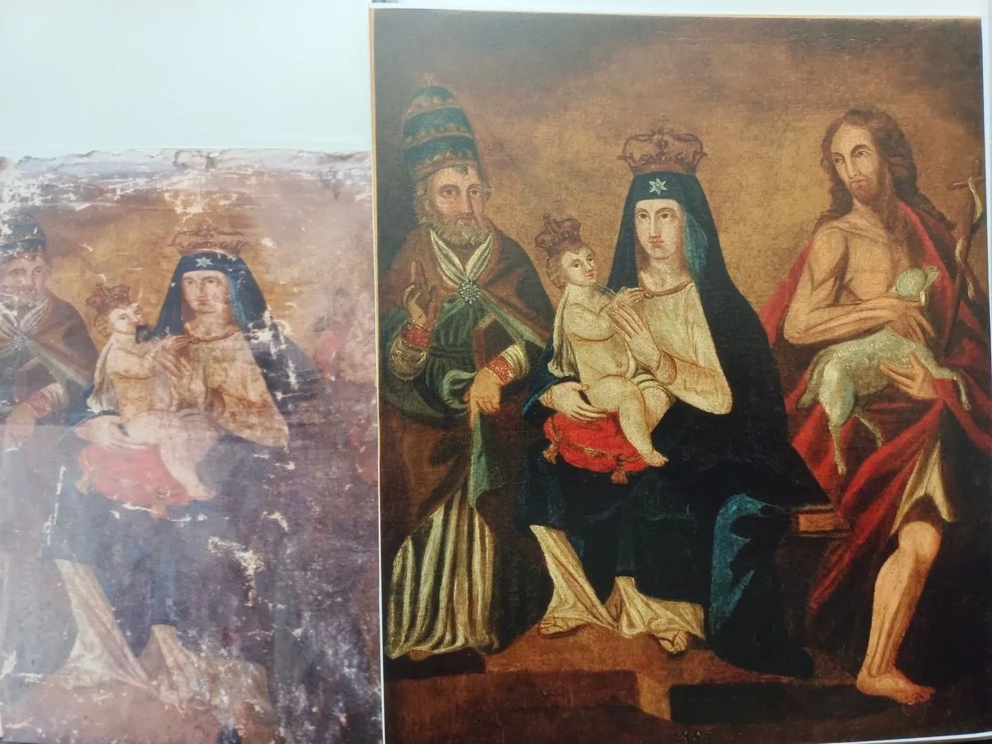 Due dipinti religiosi affiancati raffiguranti una donna velata con bambino, una figura in piedi e una donna con l'aureola, nei colori rosso e verde.
