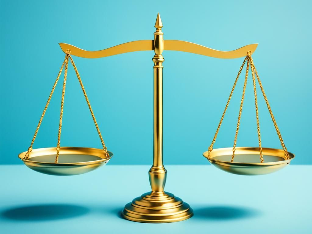 A gold scale of justice is sitting on a blue table.