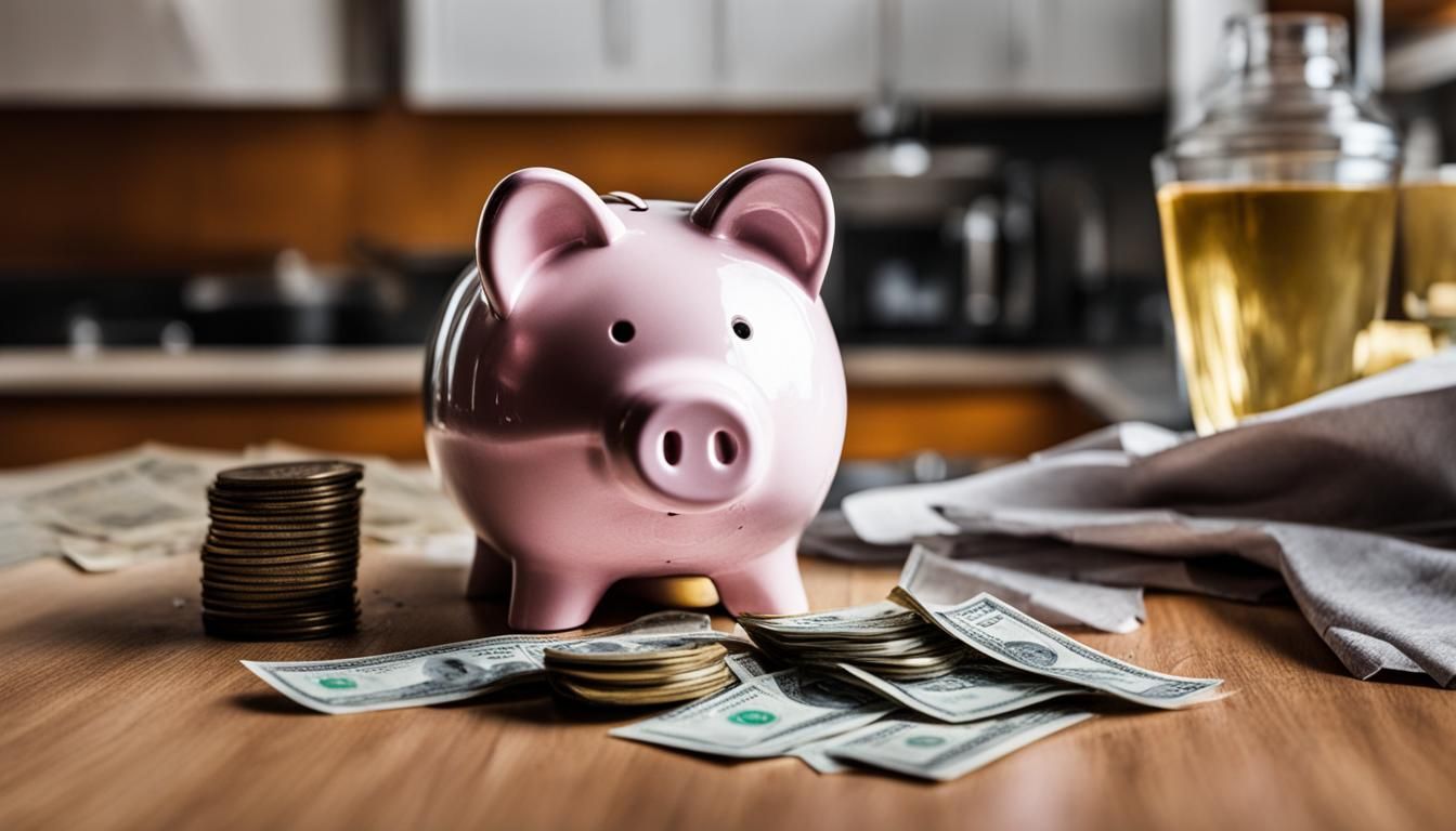 A pink piggy bank sitting on top of a wooden table surrounded by money and coins.