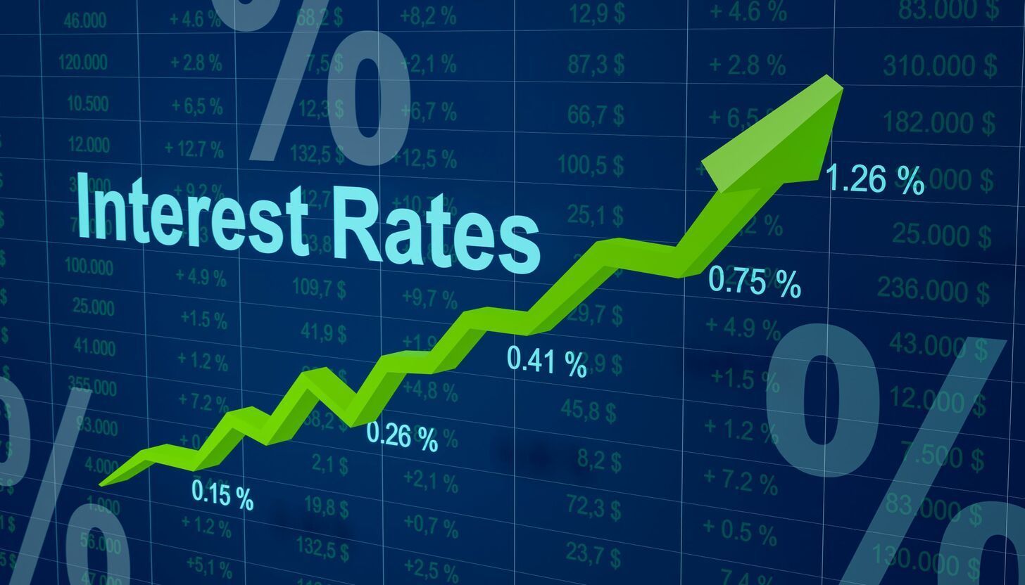 A graph showing a rising interest rate with an arrow pointing up.