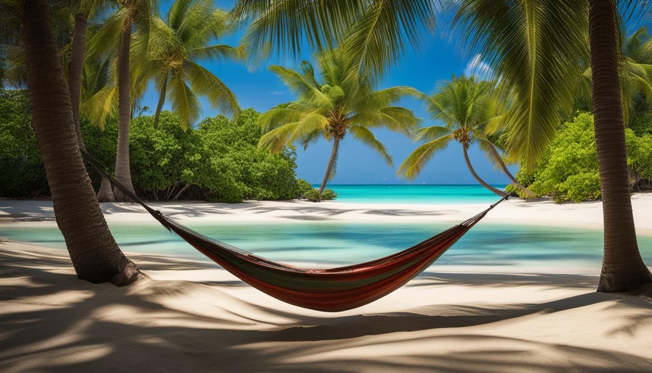 A hammock is hanging between two palm trees on a tropical beach.