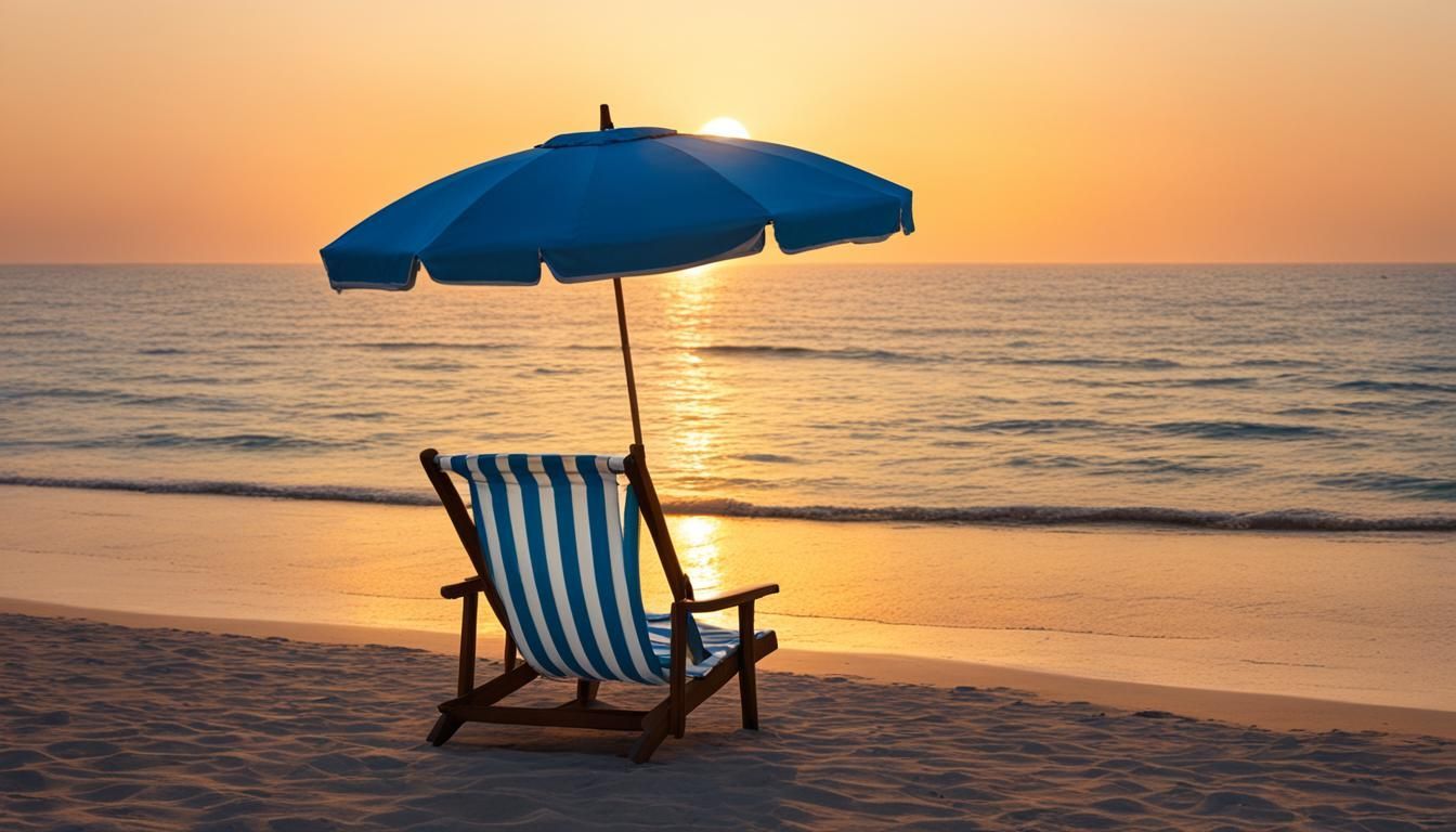 A beach chair with an umbrella on the beach at sunset.