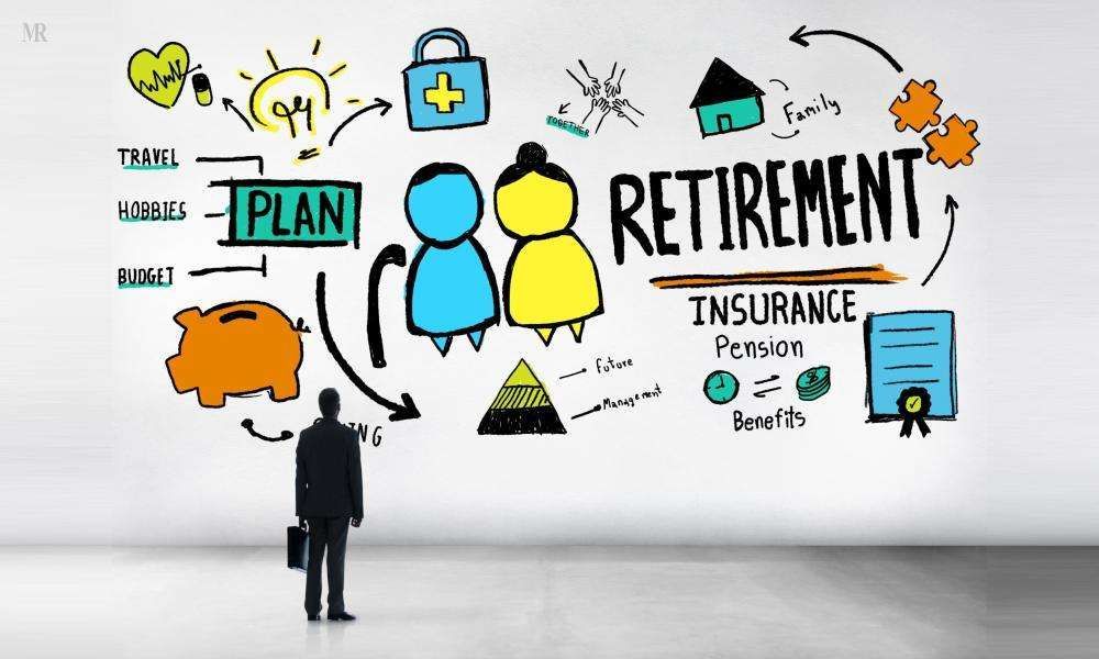 A man is standing in front of a drawing of a retirement plan.