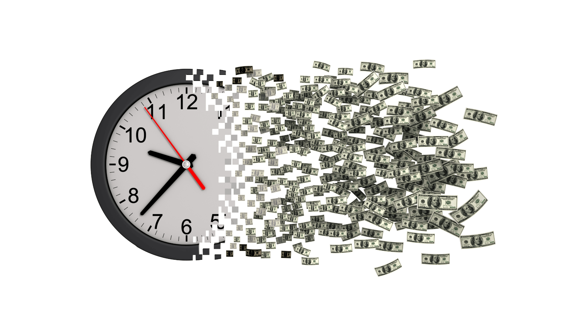 A clock with a bunch of money coming out of it