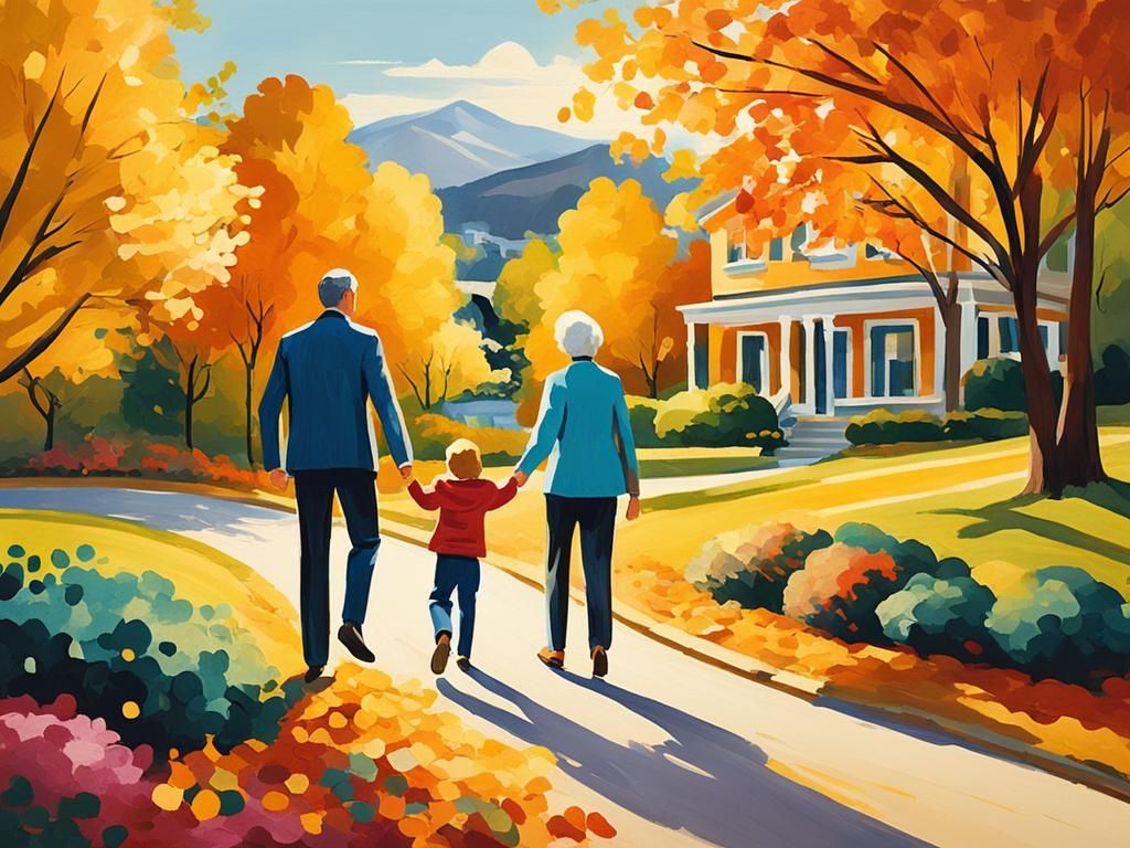 A painting of a family walking down a path in front of a house.