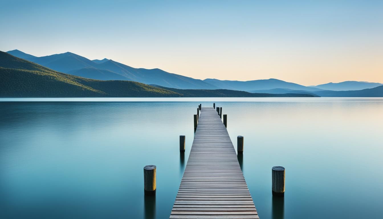 A wooden pier leading into a lake with mountains in the background.