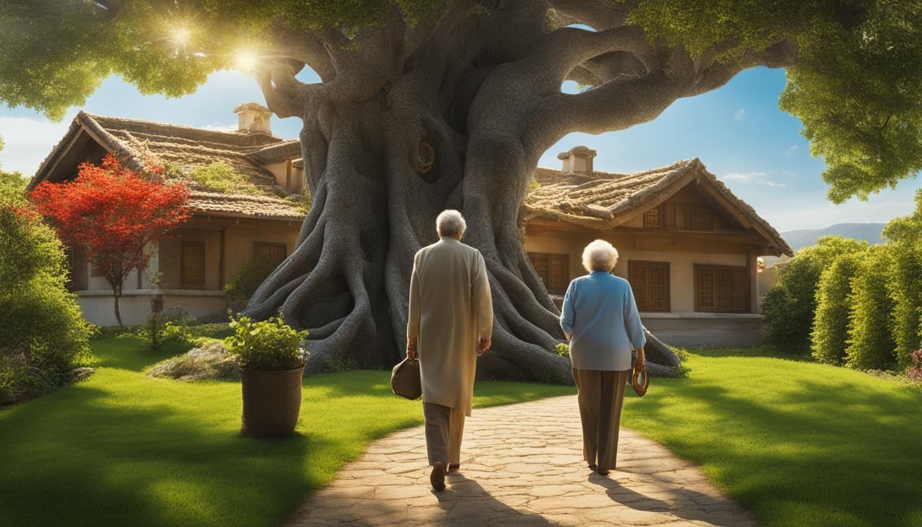 Two elderly people are walking down a path in front of a house.