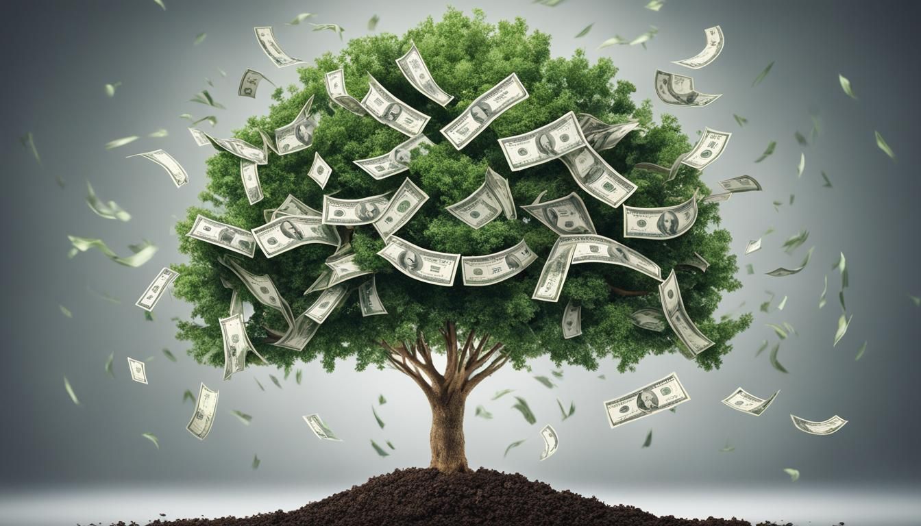 A money tree with money falling from the leaves.