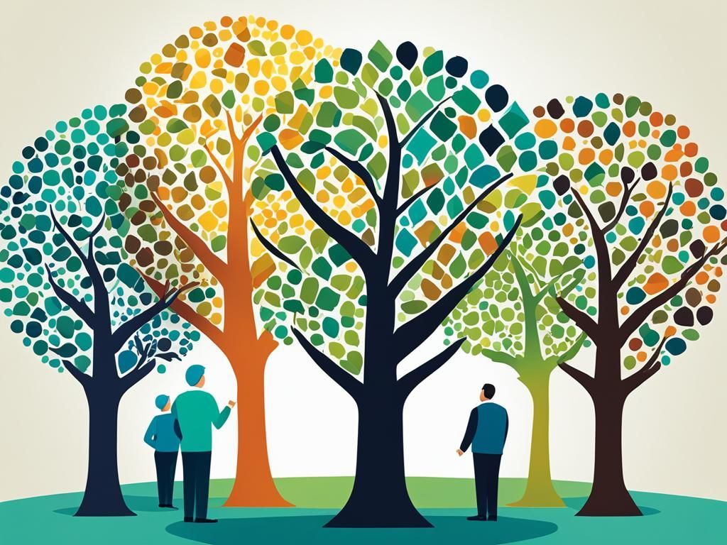 A group of people are standing in a forest looking at trees.