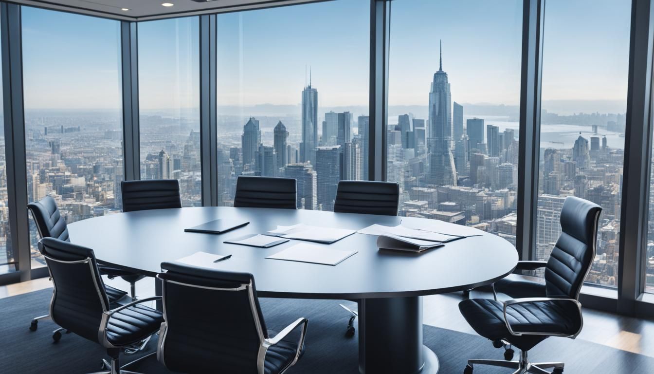 A conference room with a round table and chairs with a view of the city skyline.