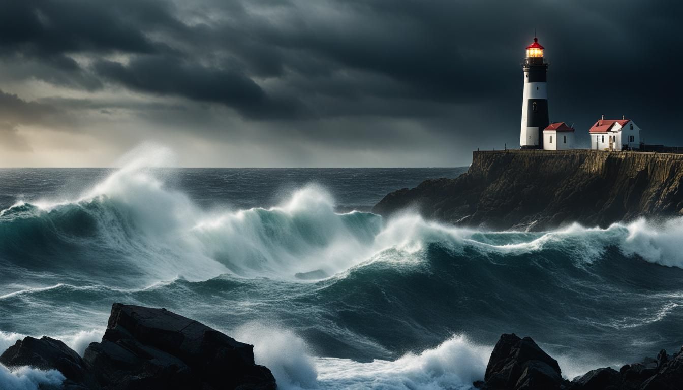 A lighthouse on a rocky cliff in the middle of a stormy ocean.
