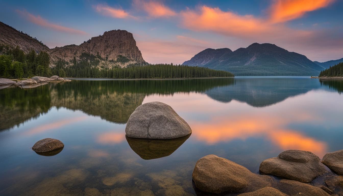 A large rock is sitting in the middle of a lake with mountains in the background.