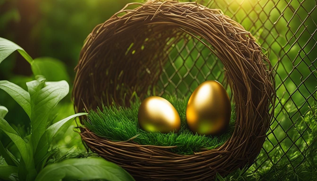 Two golden eggs are sitting in a bird nest.