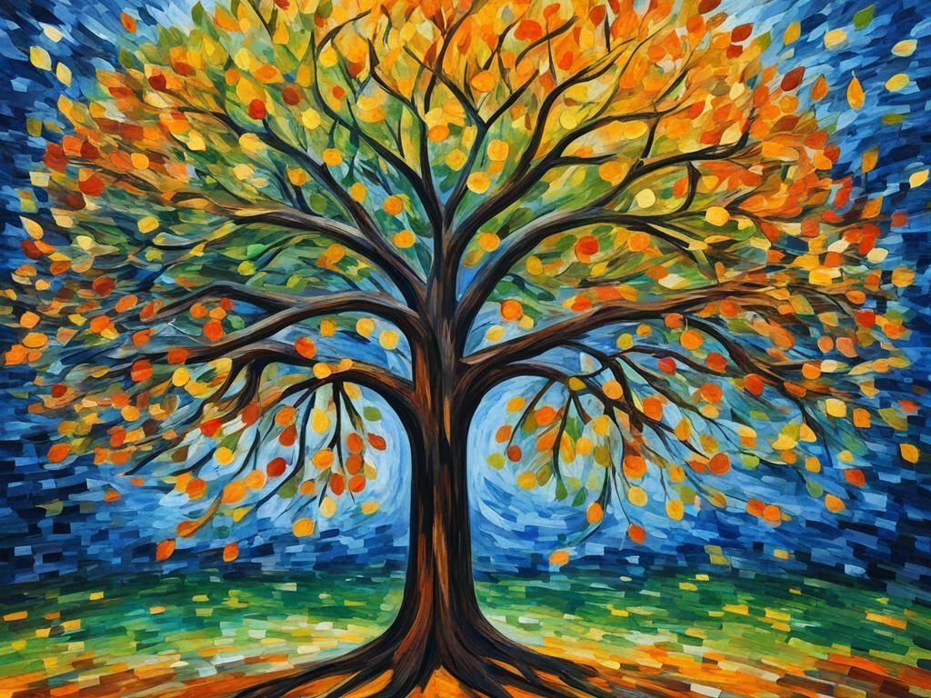It is a painting of a tree with lots of leaves and roots.