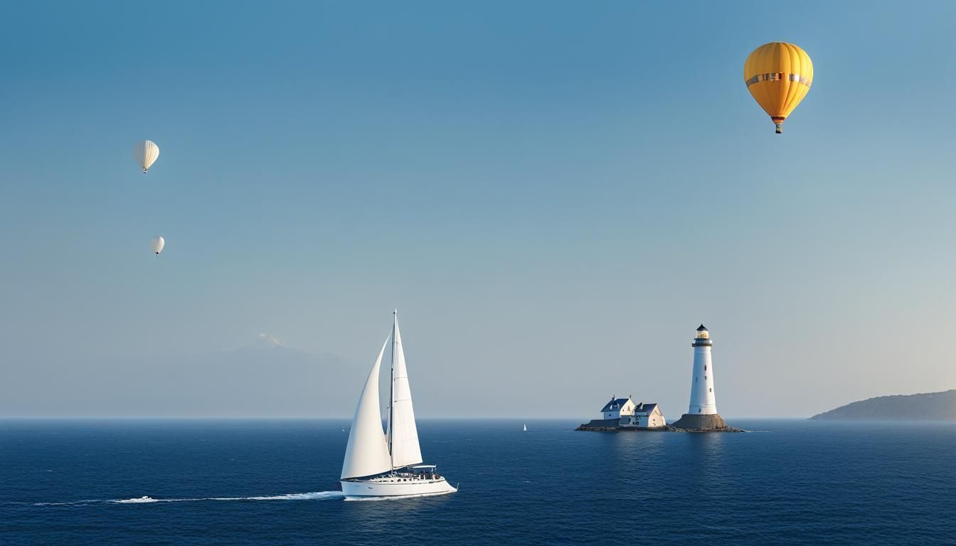 A sailboat is floating in the ocean next to a lighthouse and a hot air balloon.