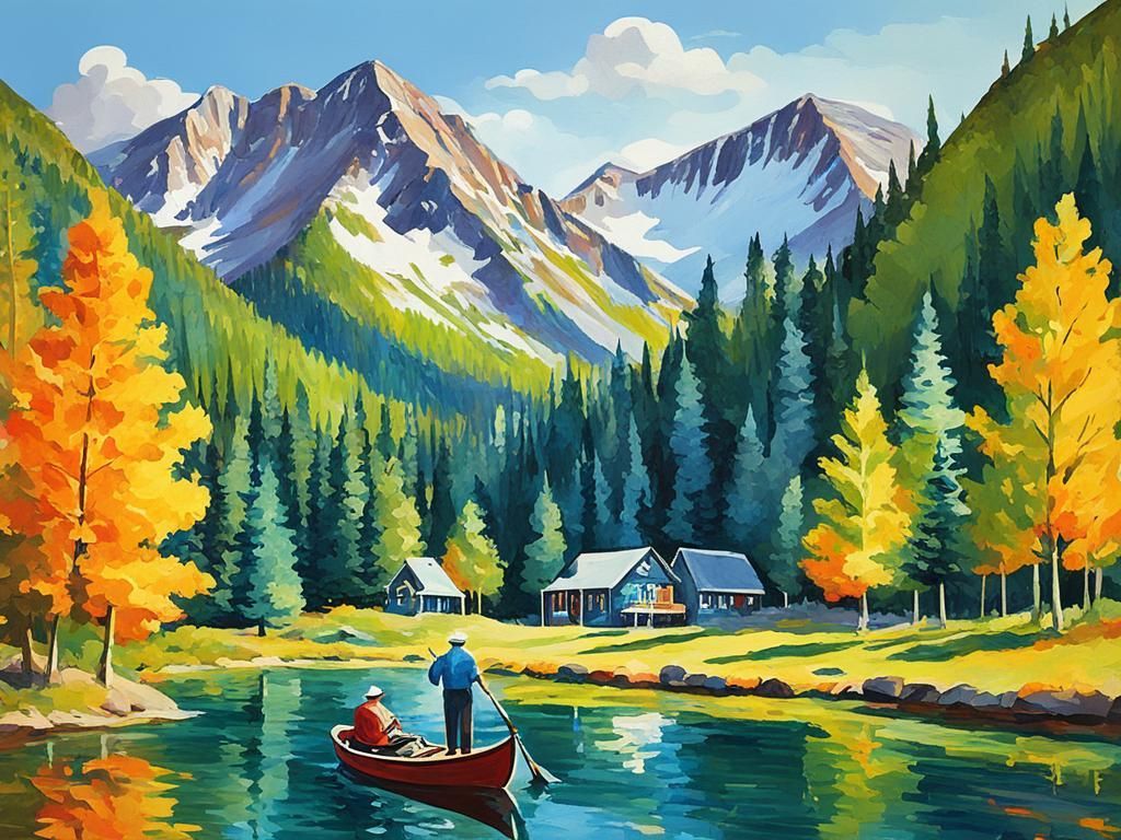 A painting of a man in a boat on a lake with mountains in the background.