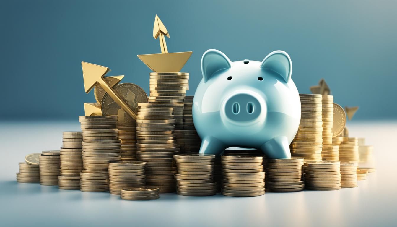 A piggy bank is sitting on top of a pile of coins.
