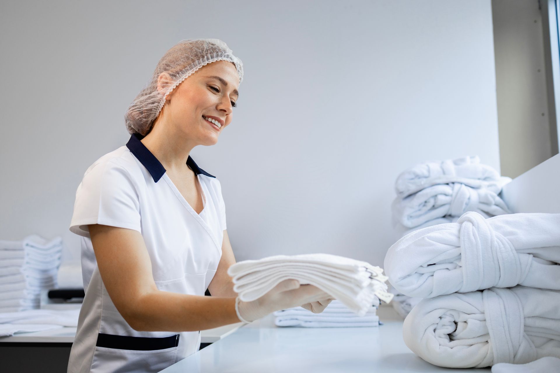 Woman in uniform folds clean white towels.