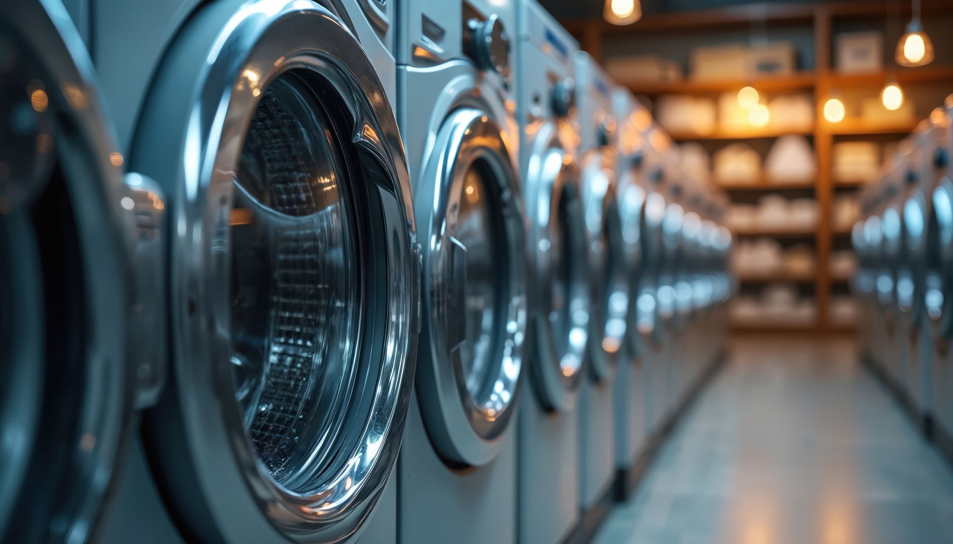 Row of shiny silver washing machines in a brightly lit laundromat.