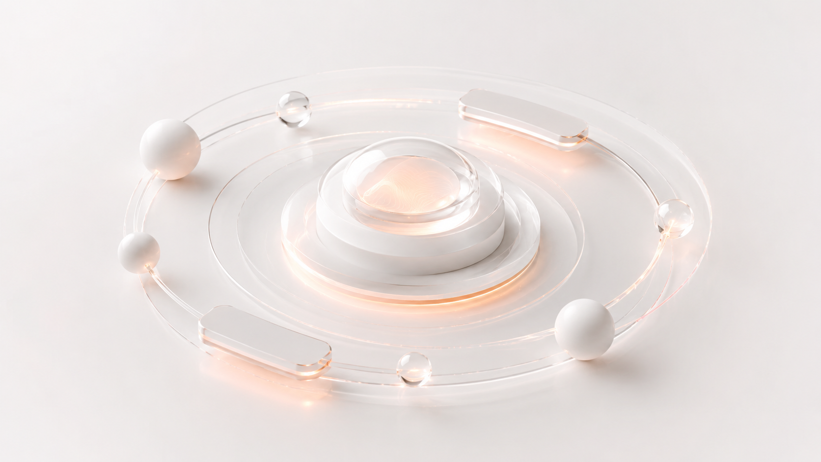 Minimalist white and peach 3D abstract rings with floating spheres on a soft background