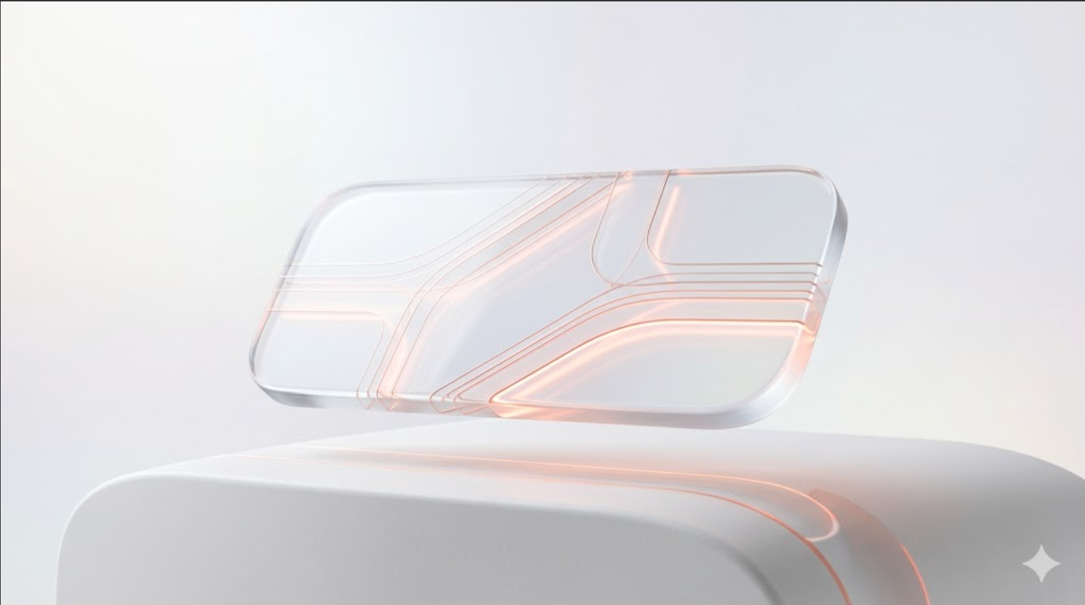 Transparent glass-like smartphone on a white curved surface with soft pink glowing lines
