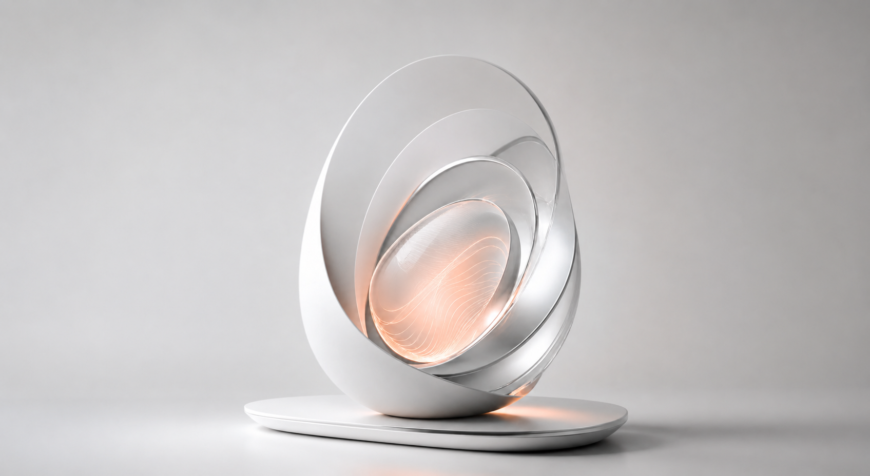 Abstract white and silver sculpture with a glowing amber center on a sleek oval base